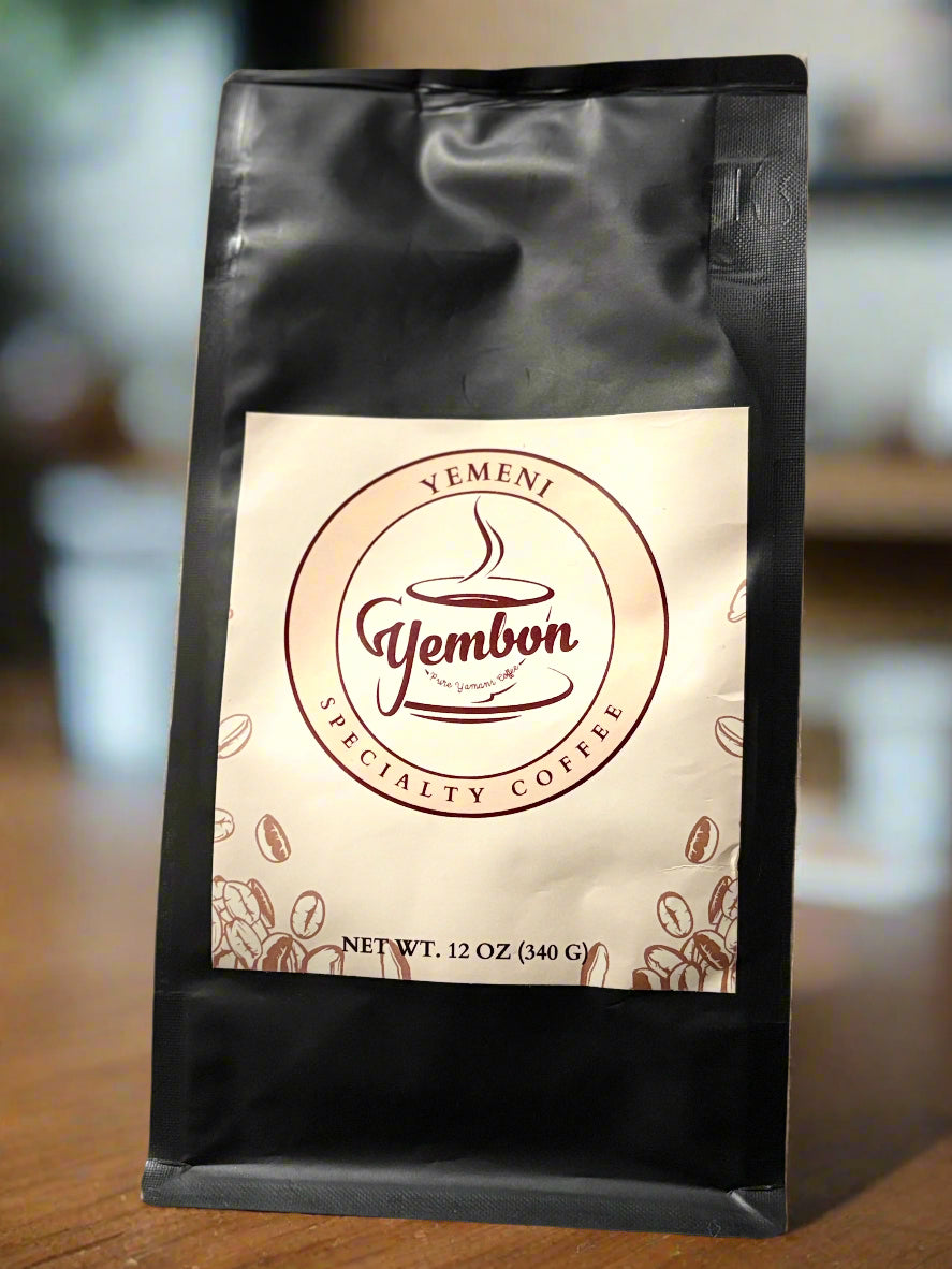 Yemeni Specialty Coffee bag with logo on a neutral background